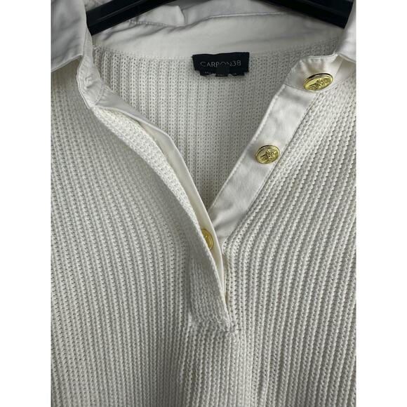 Carbon38 Mixed Media Rugby Collared Sweater Ribbed Thick Knit Ivory Size Large - Picture 8 of 13